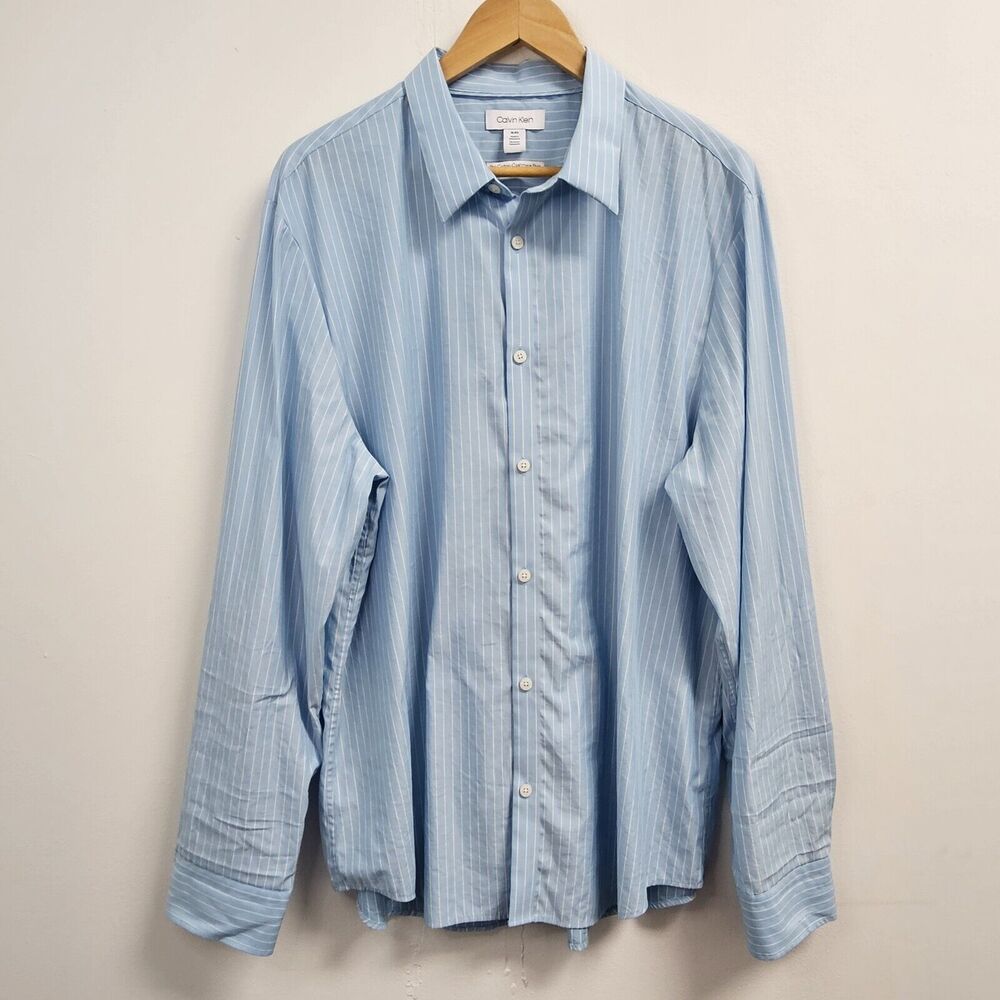 Calvin Klein Shirt Men's Extra Large Light Blue Striped Cotton Cashmere